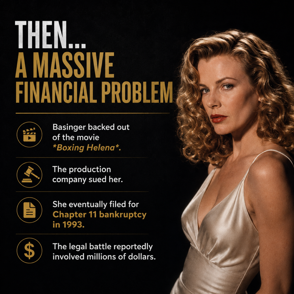 Then… a massive financial problem

Basinger backed out of the movie Boxing Helena.

The production company sued her.

She eventually filed for Chapter 11 bankruptcy in 1993.

The legal battle reportedly involved millions of dollars.