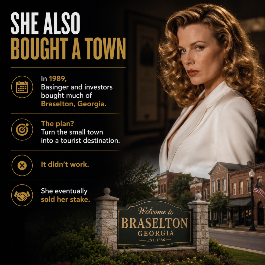 She also bought a town

Yes, seriously.

In 1989, Basinger and investors bought much of Braselton, Georgia.

The plan?

Turn the small town into a tourist destination.

It didn't work.

She eventually sold her stake.