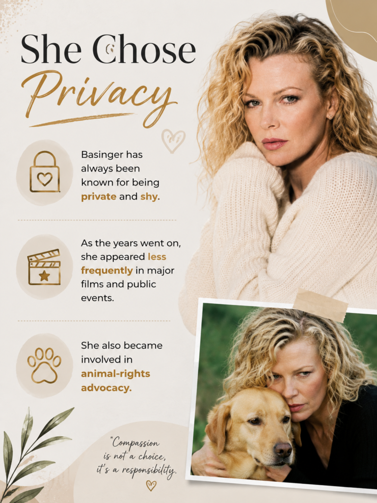 She chose privacy

Basinger has always been known for being private and shy.

As the years went on, she appeared less frequently in major films and public events.

She also became involved in animal-rights advocacy.